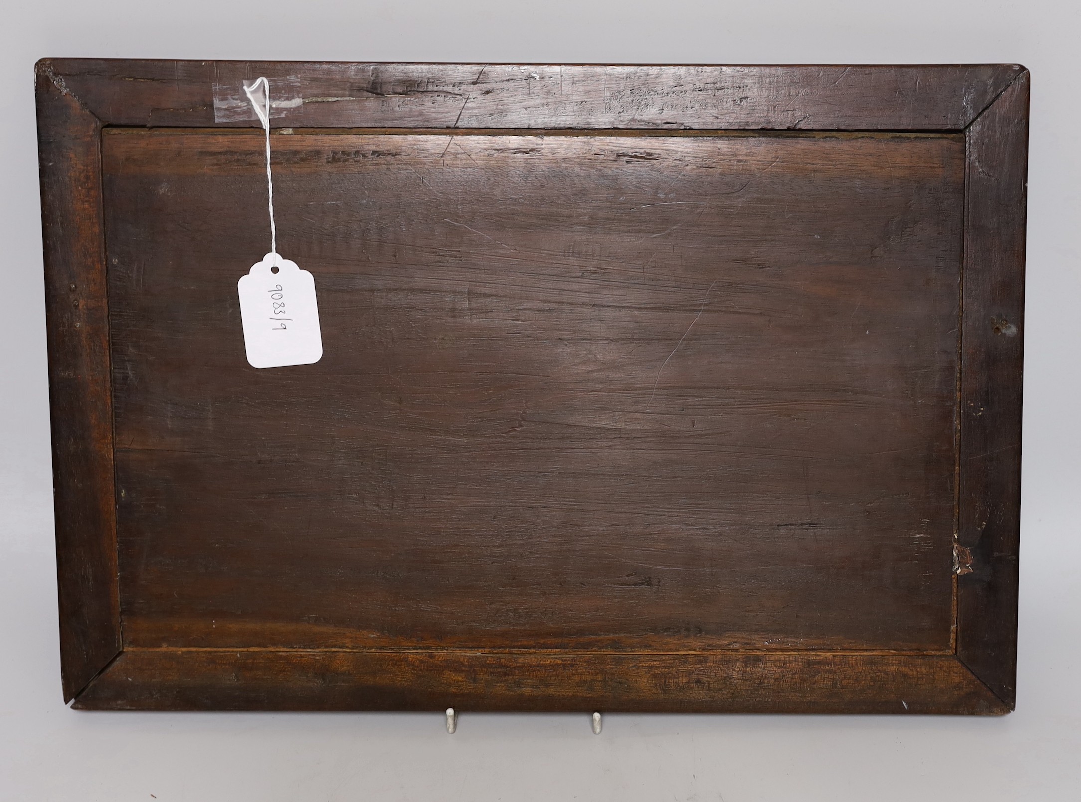 A Chinese hardwood mother-of-pearl inlaid wall hanging, 48cms wide, 33cms high